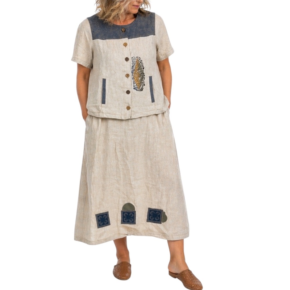 Reminisce Vintage Linen Patchwork Dress & Vest Set XL‎ Boho Artisan Coastal USA
